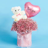 flower bouquet with white teddy  and pink heart