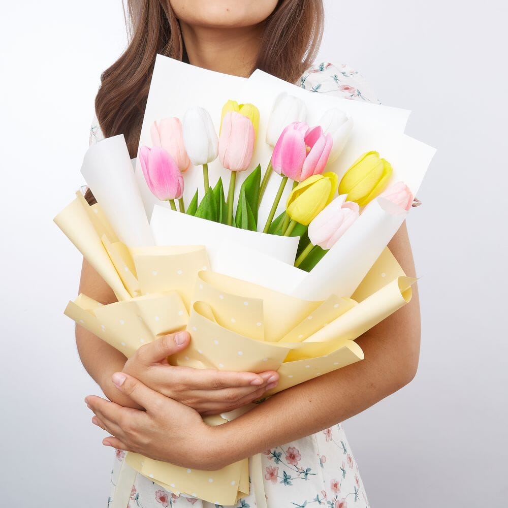 Artificial tulips pink white and yellow bouquet, Artificial tulip flowers, Artificial Flowers, Artificial tulip, Artificial bouquet, Tulip bouquet