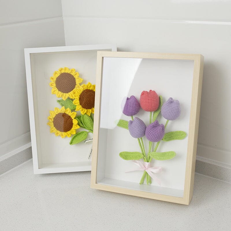 Wooden Framed Crochet Sunflowers & Tulips On A White Background