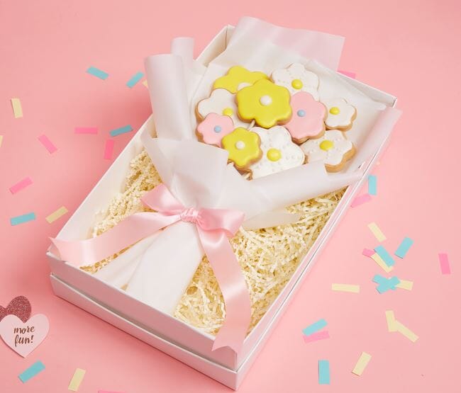 Bouquet Of Flower Shaped Cookies, In Gift Box On A Pink Background