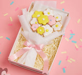 Bouquet Of Flower Shaped Cookies, In Gift Box On A Pink Background