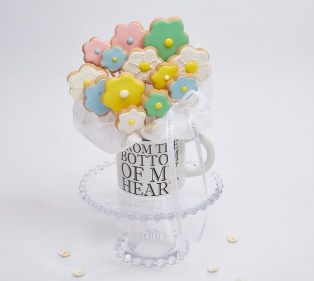 Bouquet Of Flower Shaped Cookies, In Gift Mug On A White Background