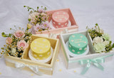 Mini Cake And Flower Box Sets, In Pink, Green And Yellow On A White Background