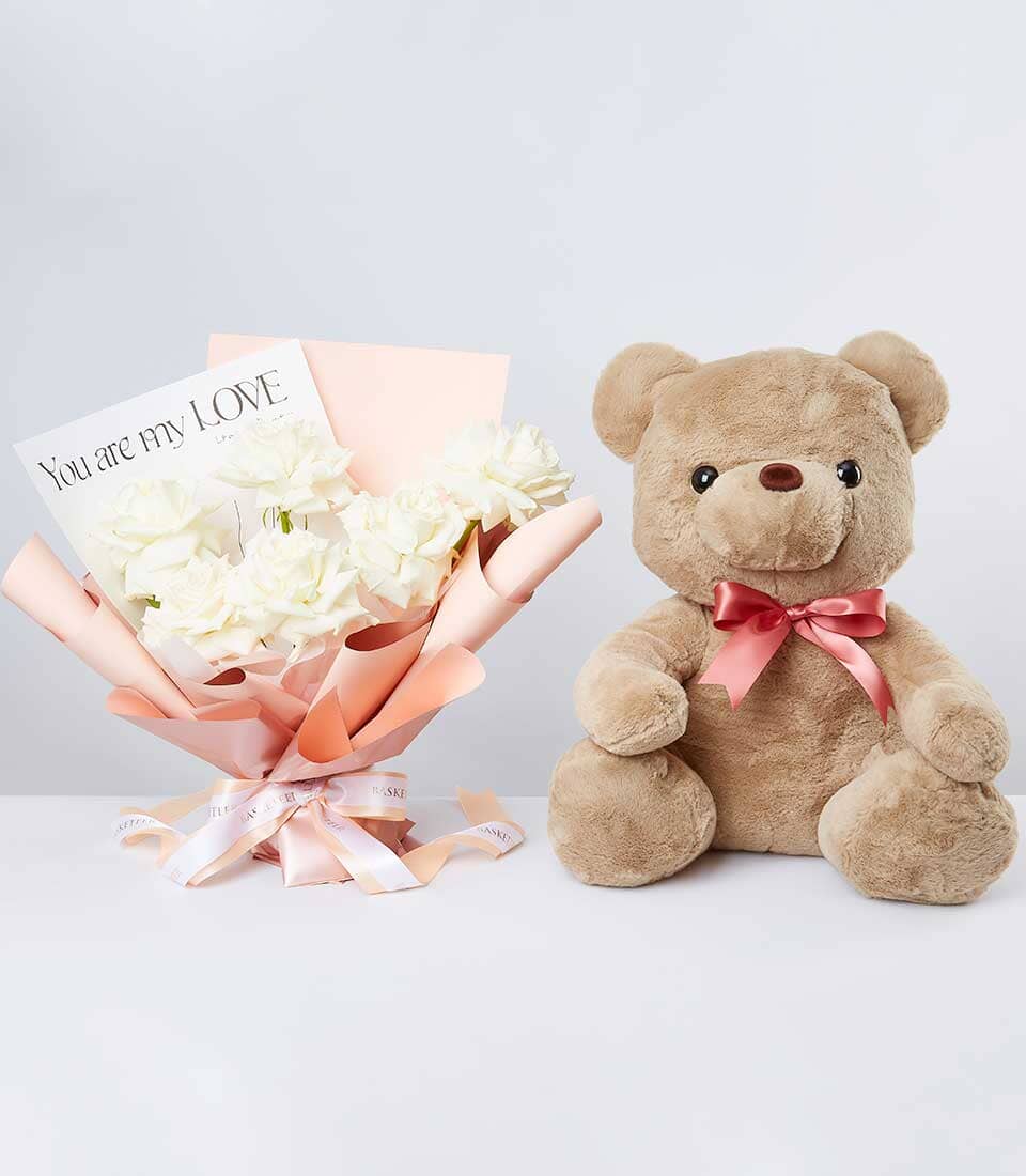     Roses-combo-set-3 white flowers with teddy