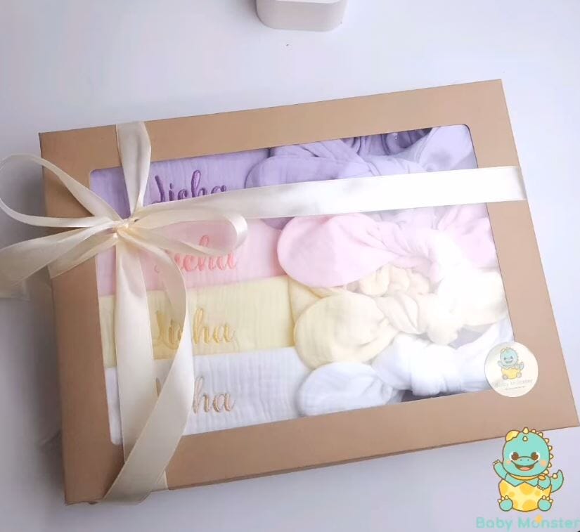 Saliva Towel With Bow In White, Yellow, Purple And Pink for newborns Gift Box Set